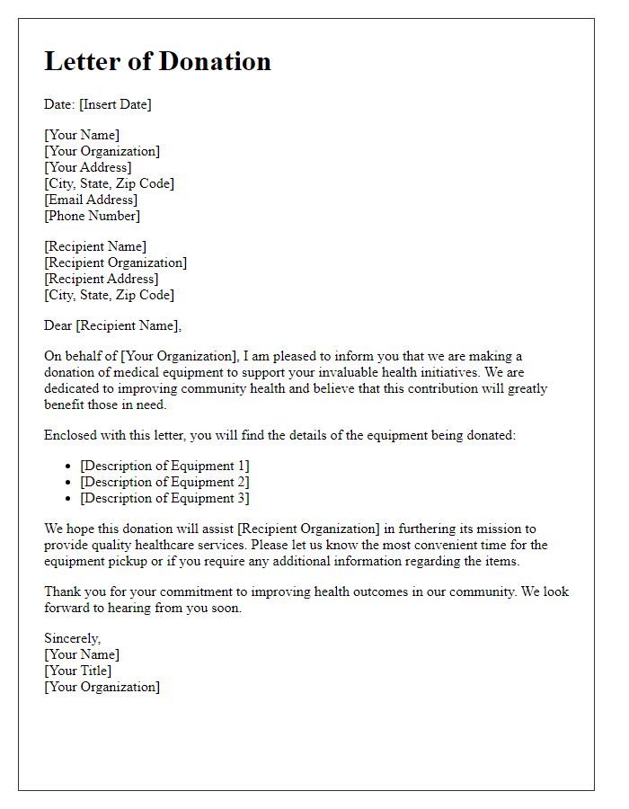 Letter template of medical equipment donation for nonprofit health initiatives