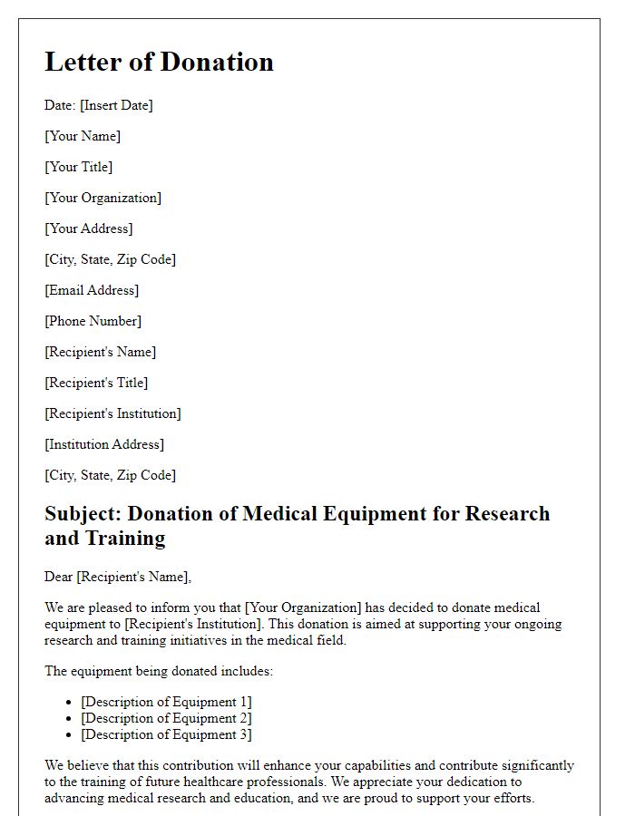 Letter template of medical equipment donation for research and training institutions