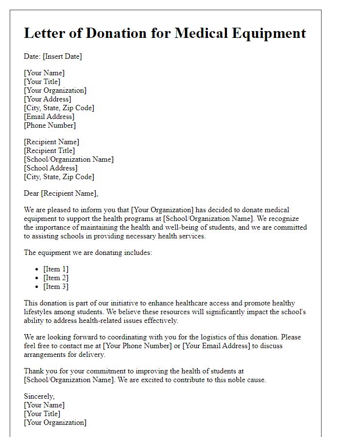 Letter template of medical equipment donation for school health programs