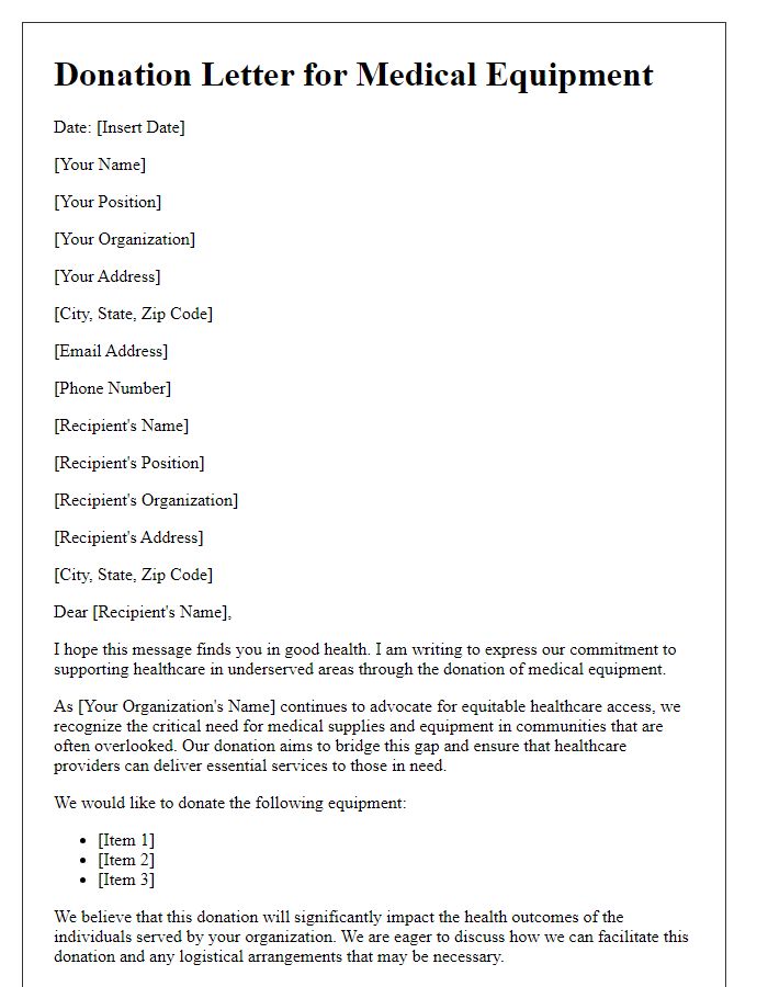 Letter template of medical equipment donation to support healthcare in underserved areas