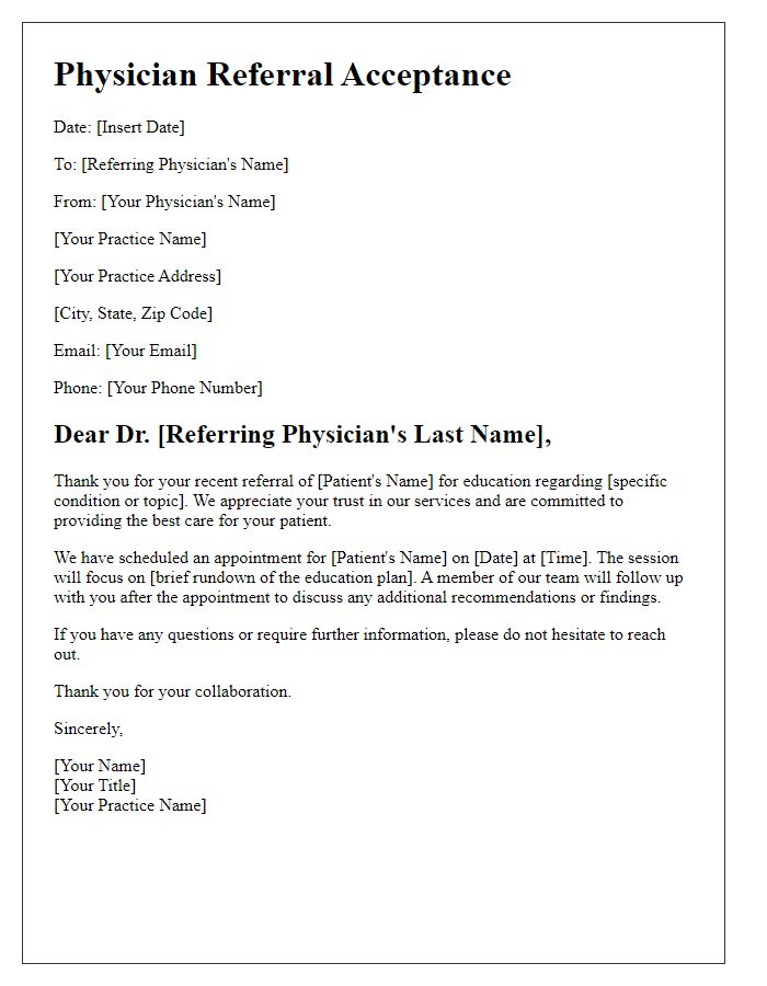 Letter template of physician referral acceptance for patient education.