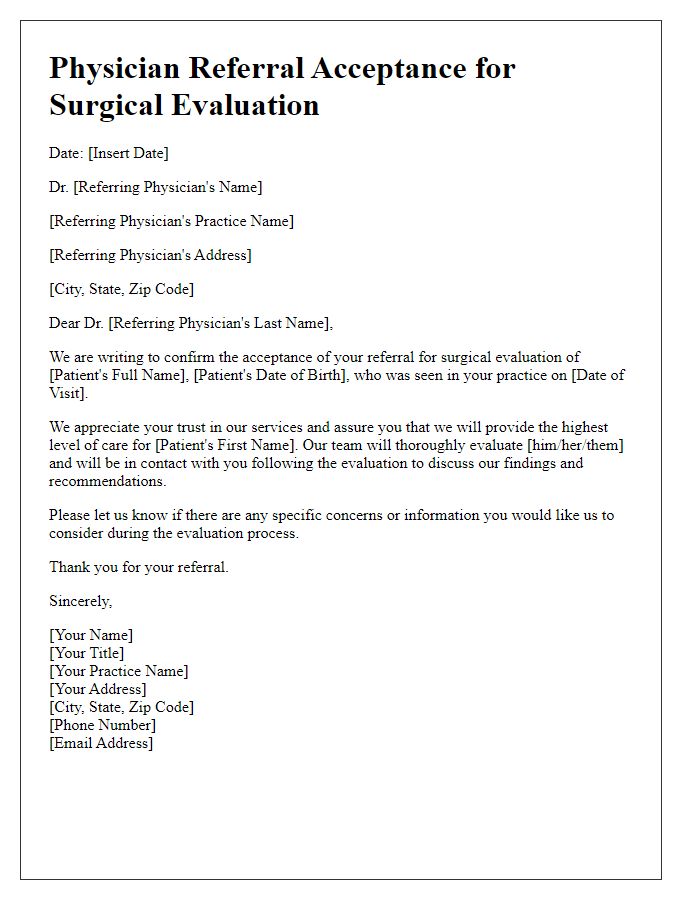 Letter template of physician referral acceptance for surgical evaluation.