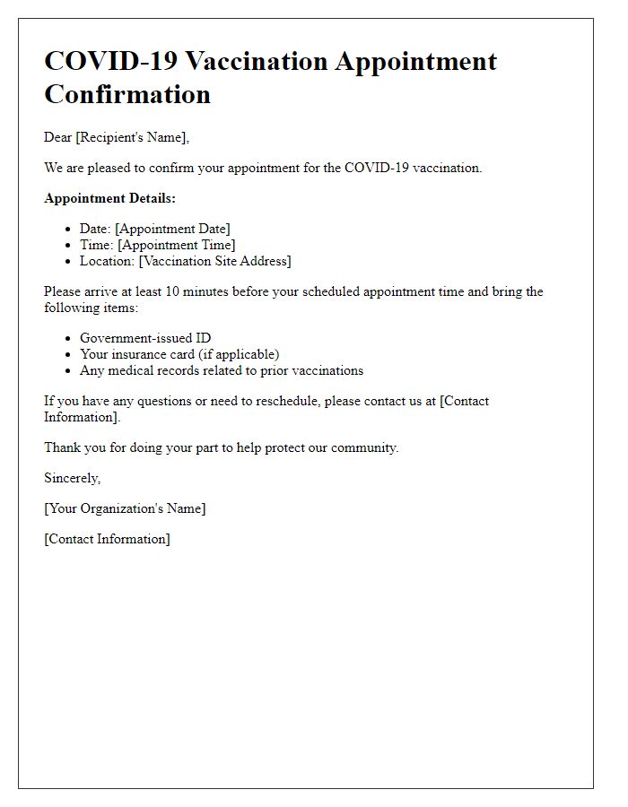 Letter template of COVID-19 vaccination appointment confirmation