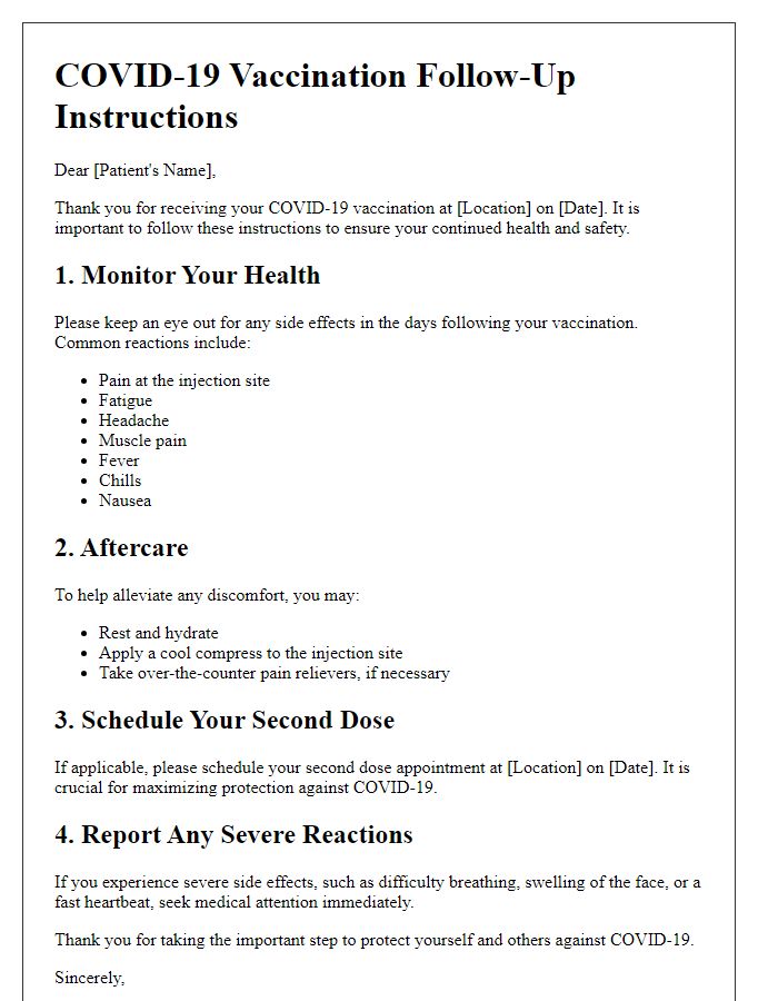 Letter template of COVID-19 vaccination follow-up instructions