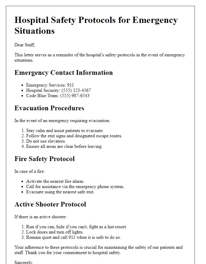 Letter template of hospital safety protocols for emergency situations