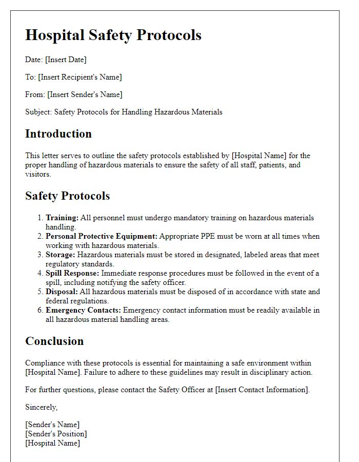 Letter template of hospital safety protocols for handling hazardous materials