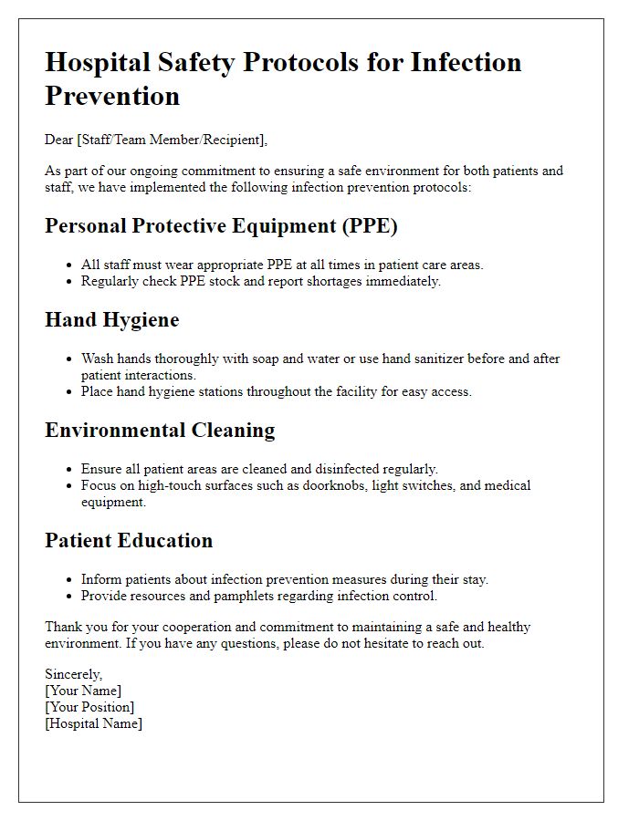 Letter template of hospital safety protocols for infection prevention