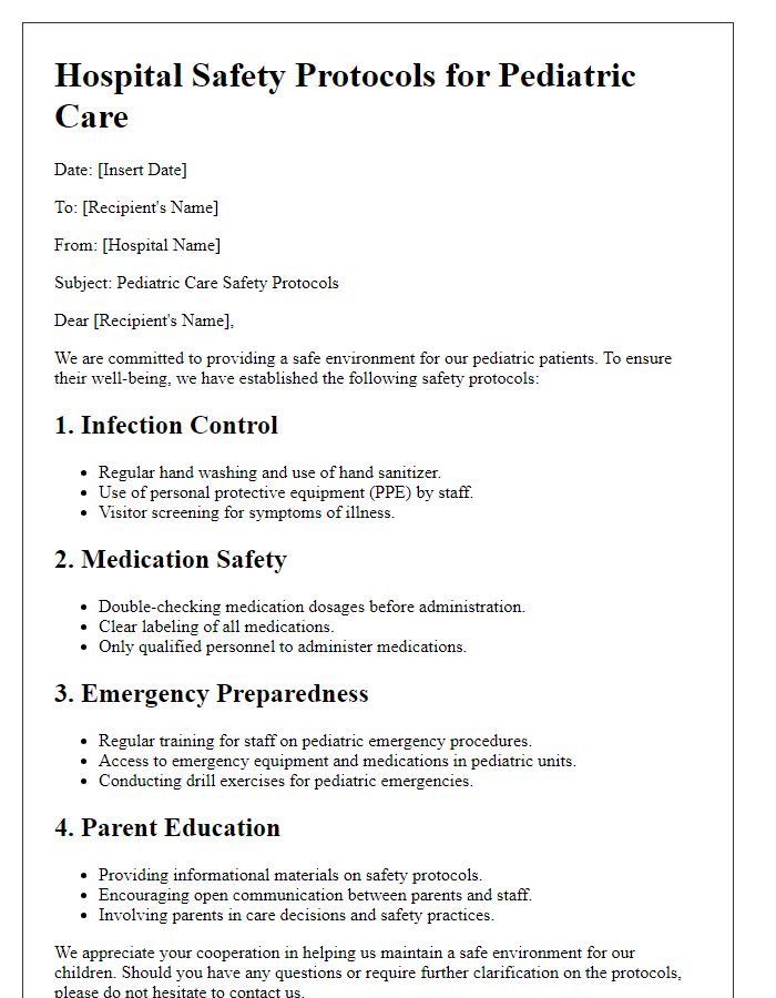 Letter template of hospital safety protocols for pediatric care