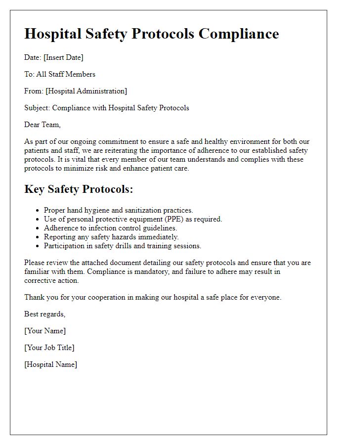 Letter template of hospital safety protocols for staff compliance