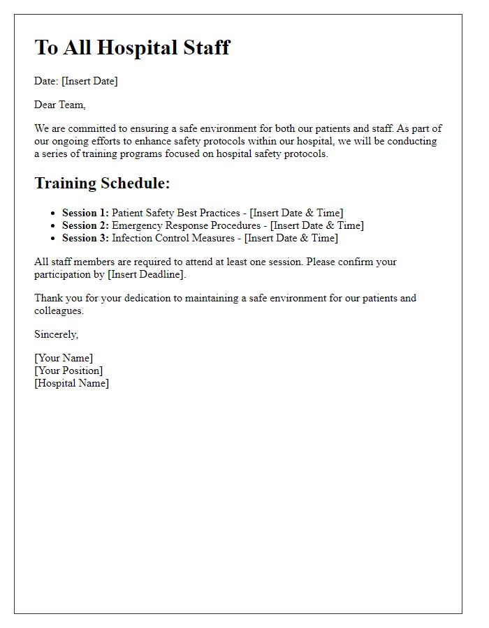 Letter template of hospital safety protocols for staff training programs