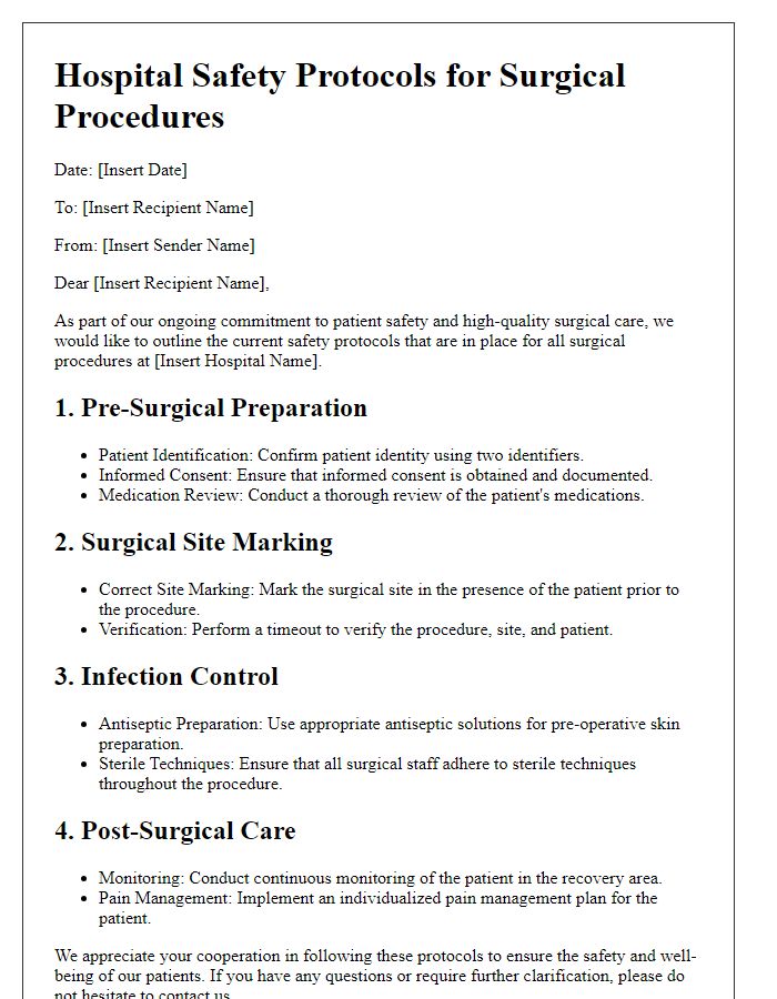 Letter template of hospital safety protocols for surgical procedures