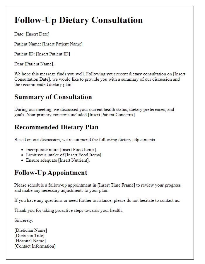 Letter template of dietary consultation follow-up from hospital dietician