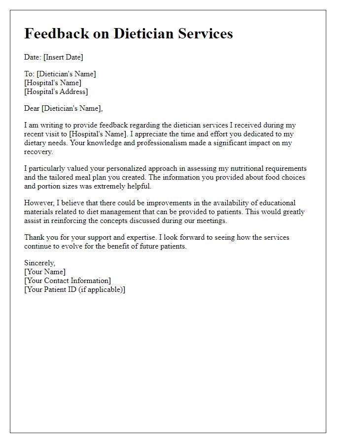 Letter template of feedback for hospital dietician services