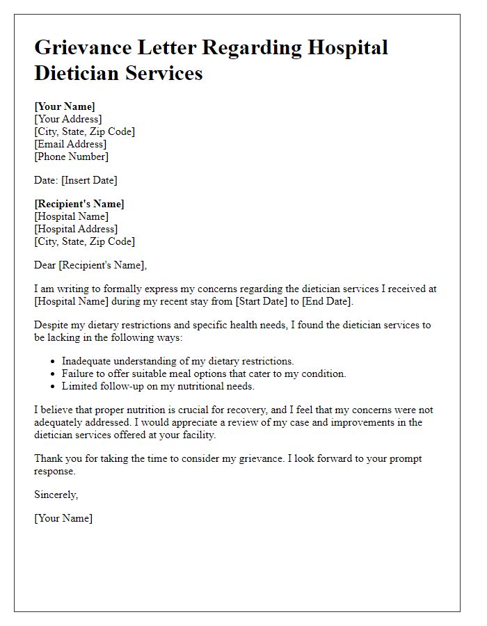 Letter template of grievance regarding hospital dietician services