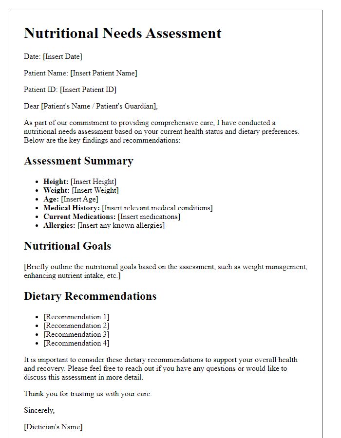 Letter template of nutritional needs assessment from hospital dietician