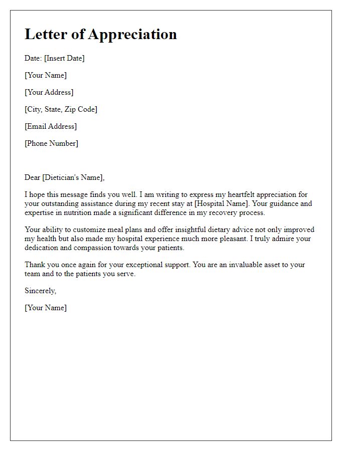 Letter template of praise for hospital dietician assistance