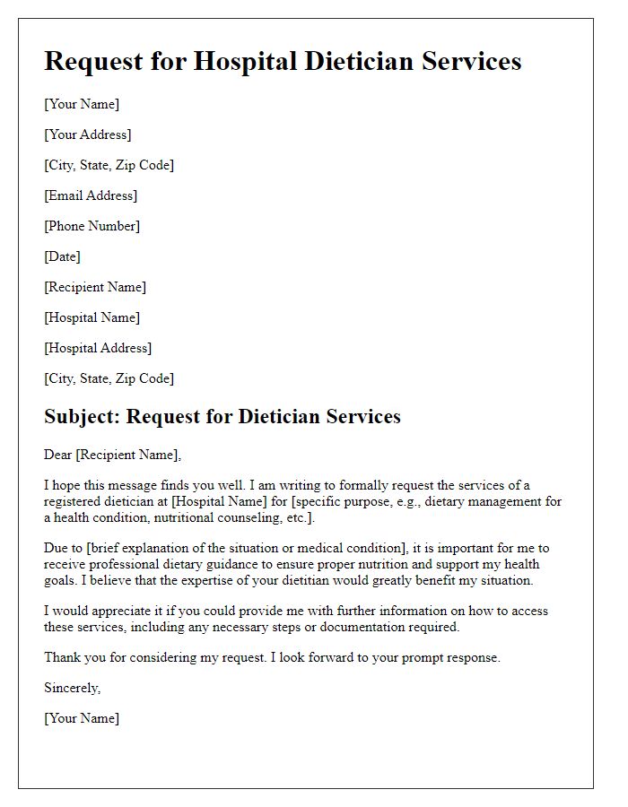 Letter template of request for hospital dietician services