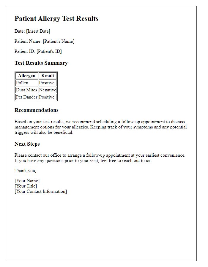 Letter template of allergy test results for follow-up appointments.