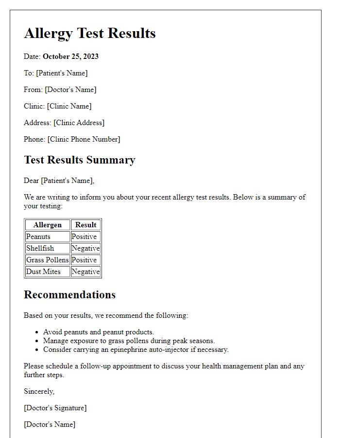 Letter template of allergy test results for health management plans.