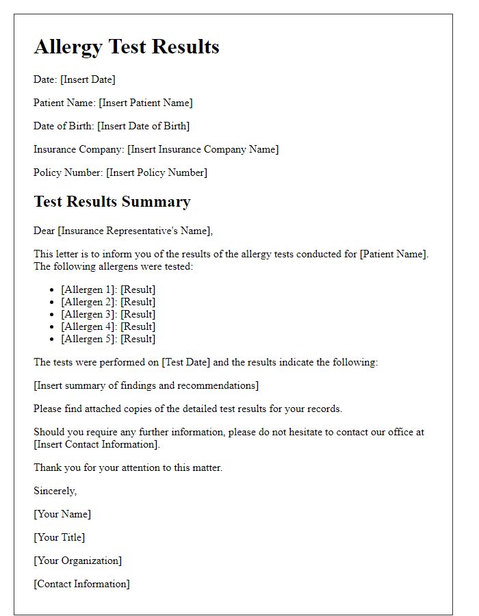 Letter template of allergy test results for insurance claims.