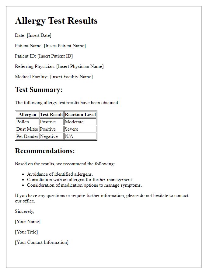 Letter template of allergy test results for medical referrals.