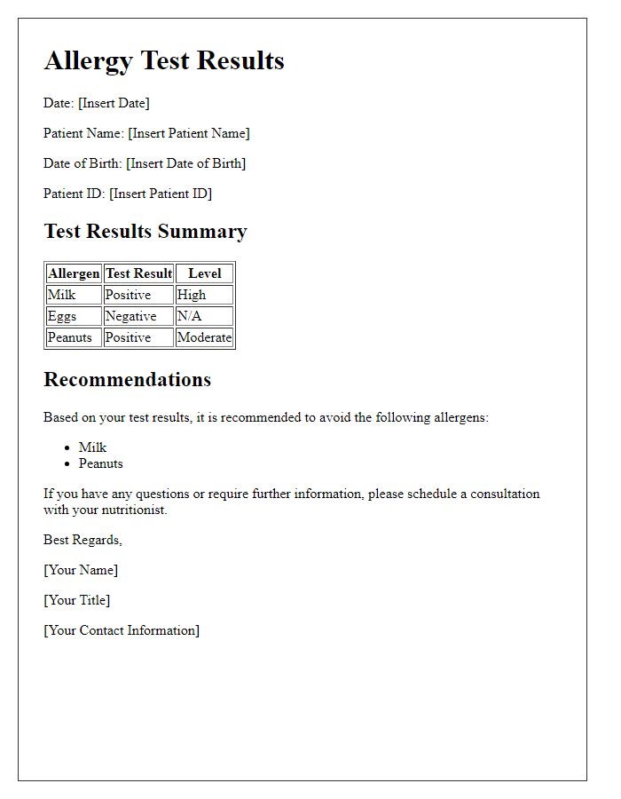 Letter template of allergy test results for nutritionist consultations.