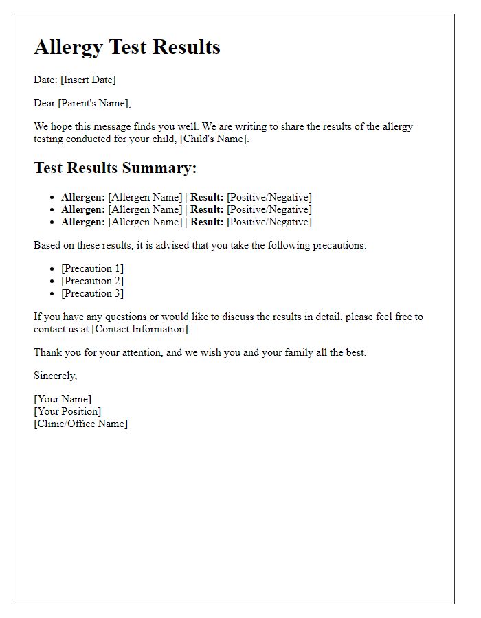 Letter template of allergy test results for parents of children.