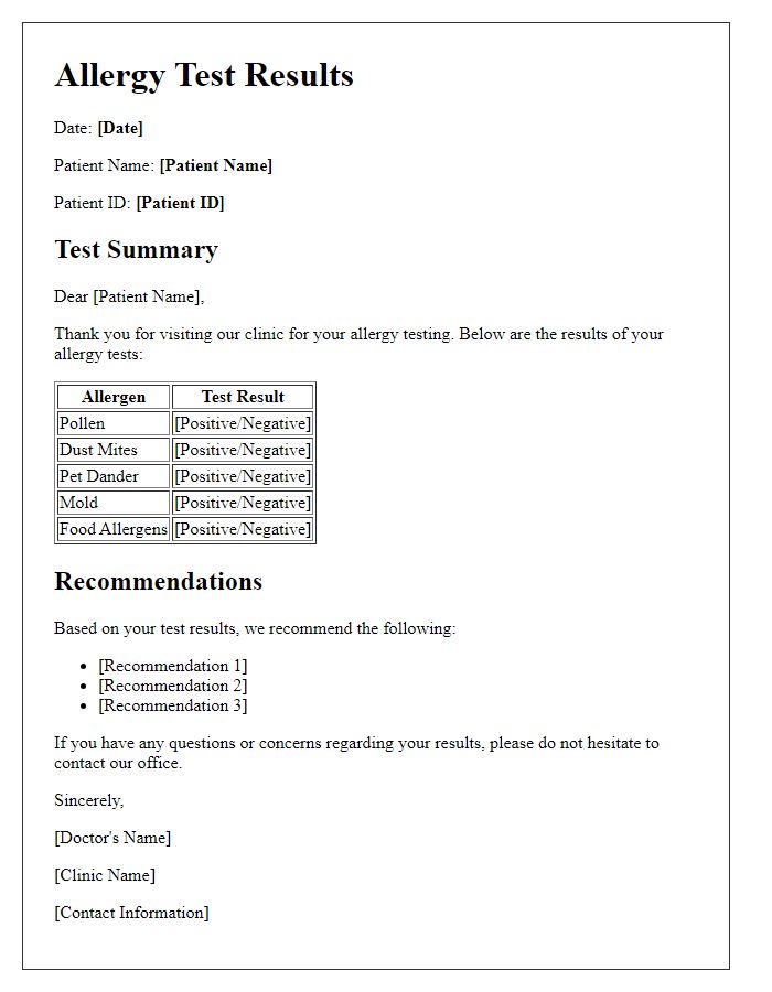 Letter template of allergy test results for patients.