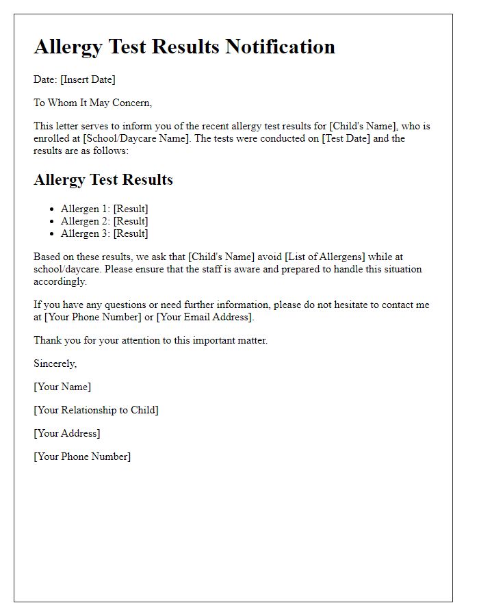 Letter template of allergy test results for school or daycare notification.