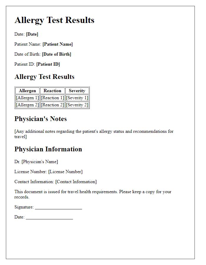 Letter template of allergy test results for travel health requirements.