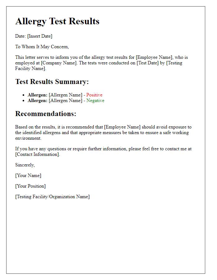 Letter template of allergy test results for workplace compliance.