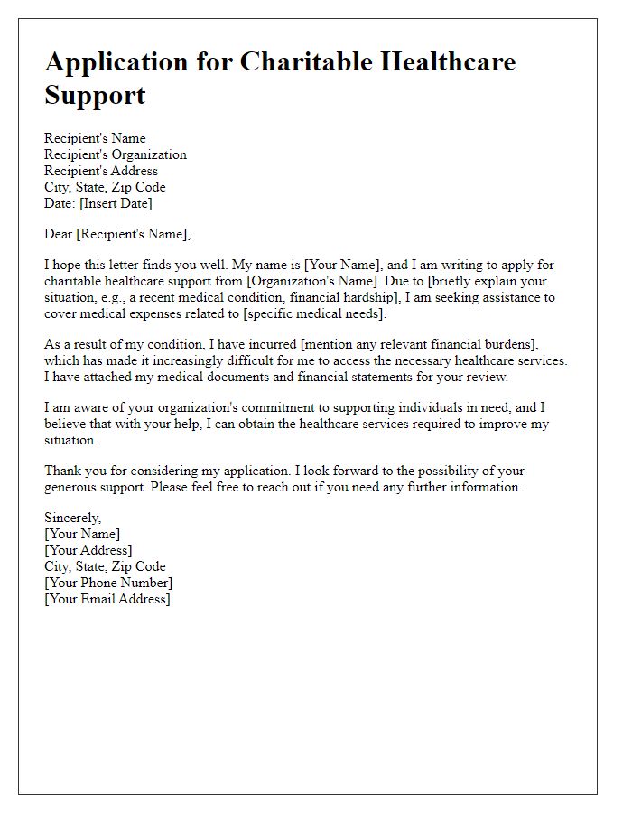 Letter template of application for charitable healthcare support