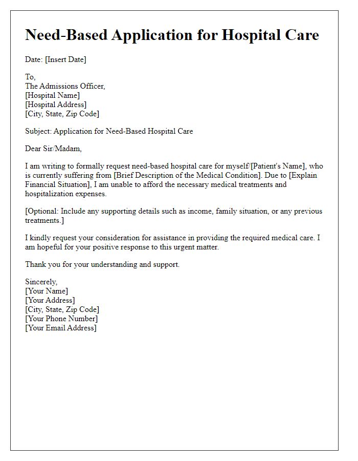 Letter template of need-based application for hospital care