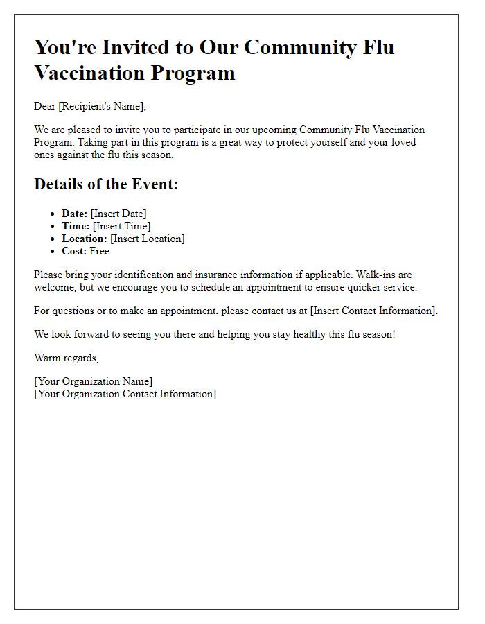 Letter template of community flu vaccination program invitation.