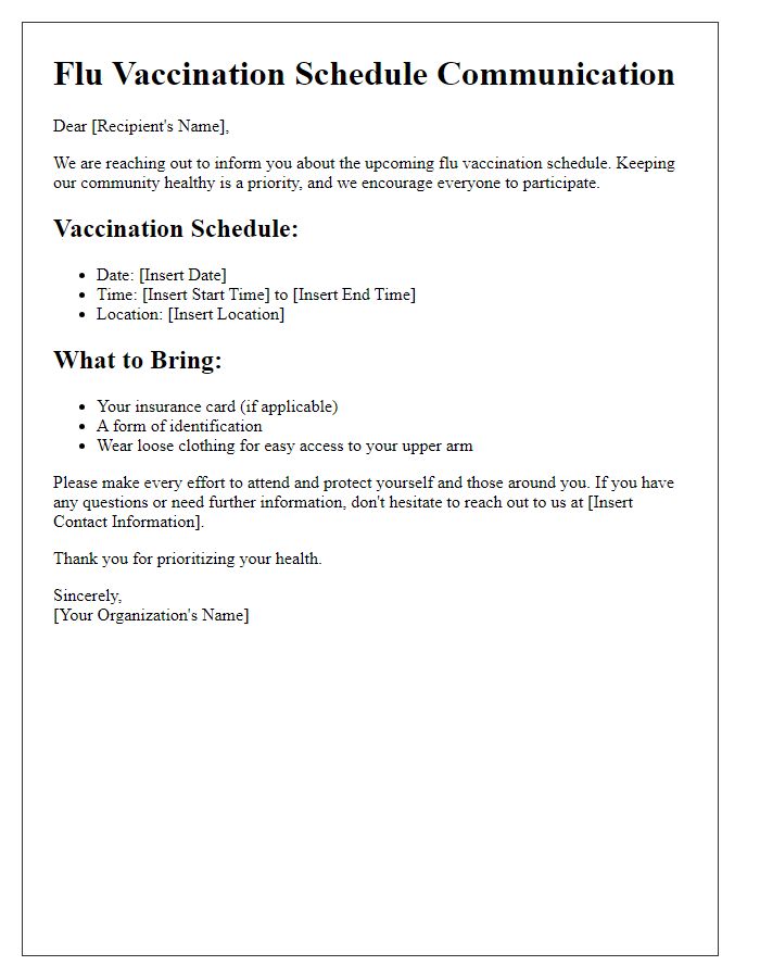 Letter template of flu vaccination schedule communication.