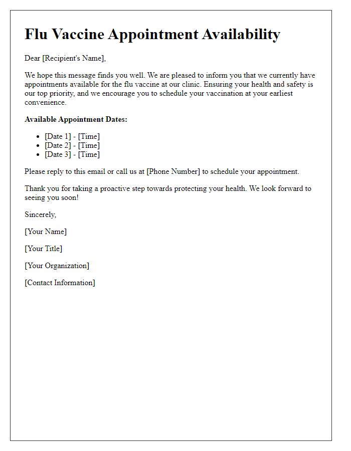 Letter template of flu vaccine appointment availability.