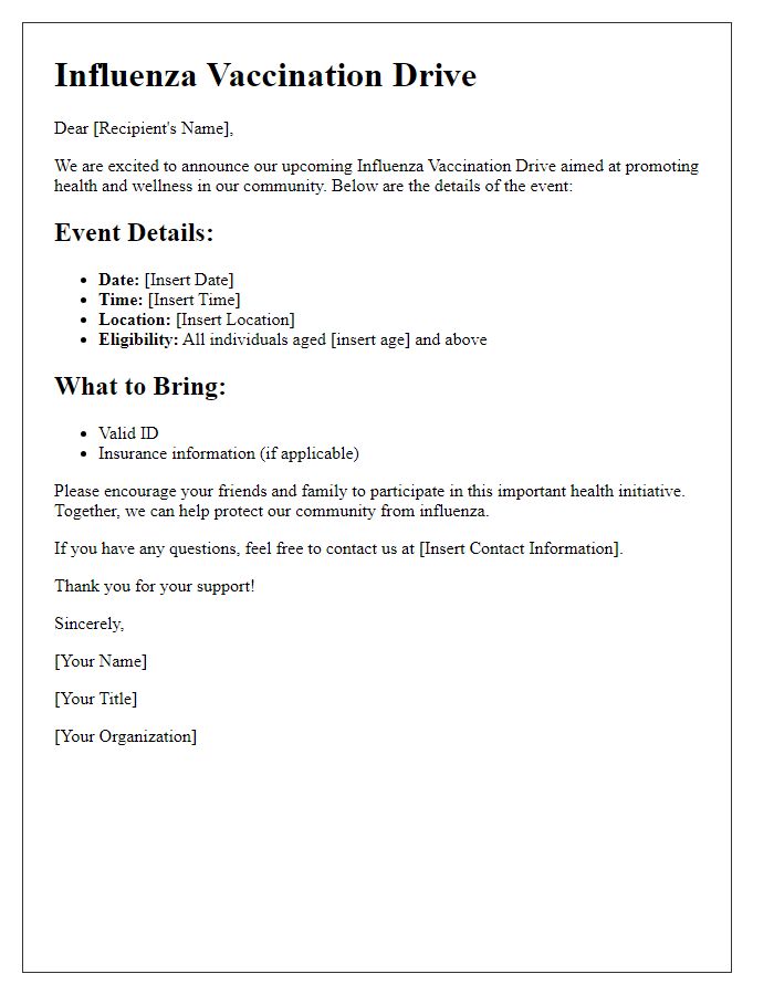 Letter template of influenza vaccination drive details.