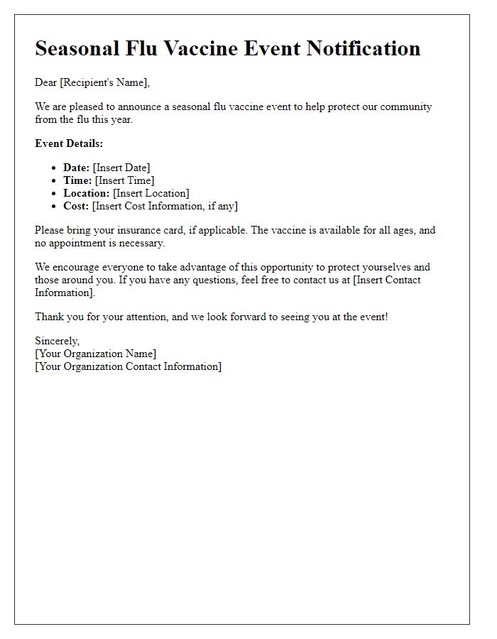 Letter template of seasonal flu vaccine event notification.