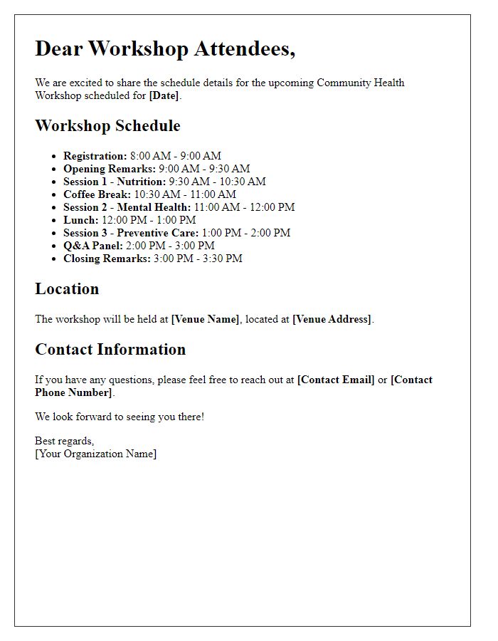 Letter template of schedule details for community health workshop attendees