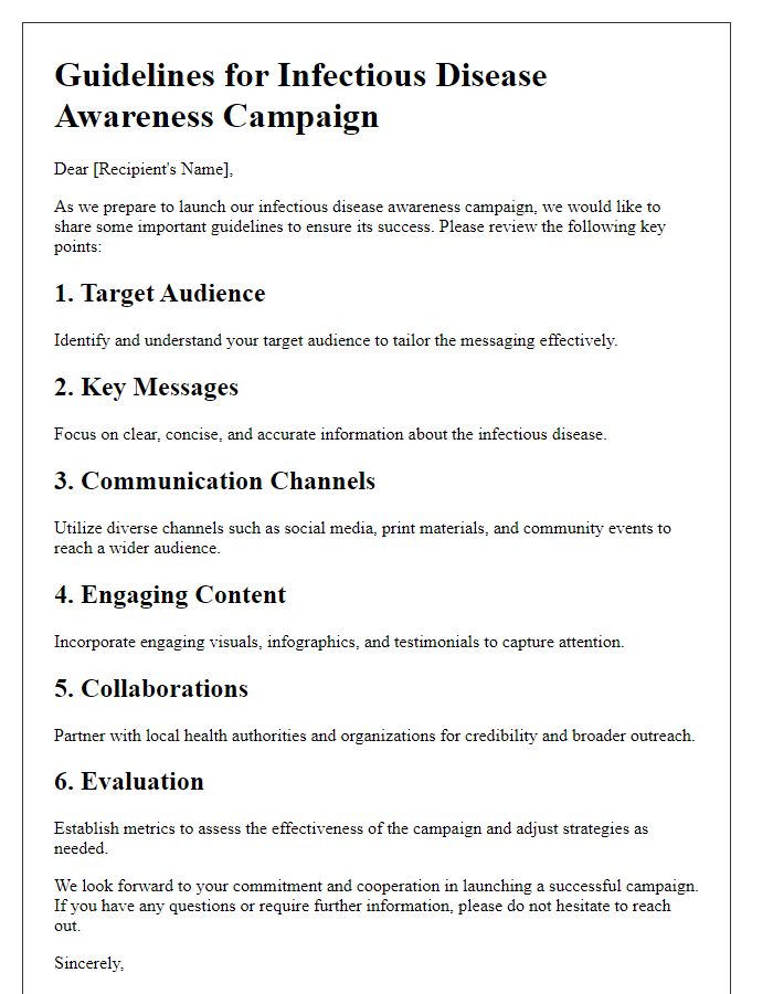 Letter template of guidelines for infectious disease awareness campaigns