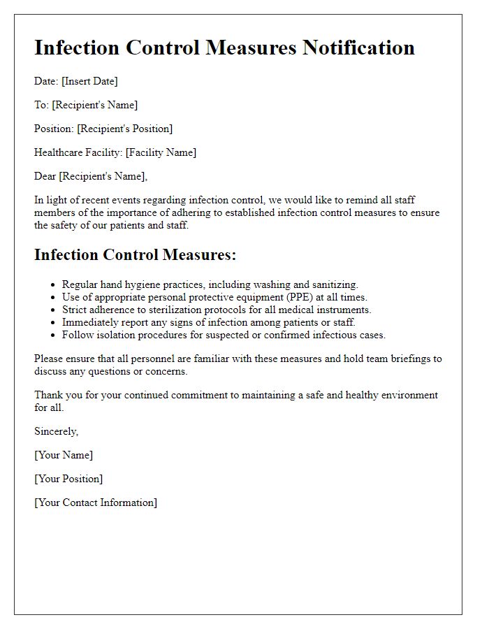 Letter template of infection control measures for healthcare facilities