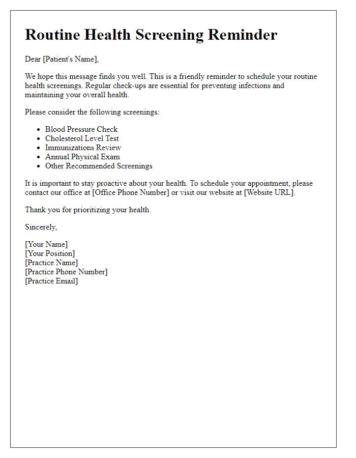 Letter template of reminders for routine health screenings to prevent infections