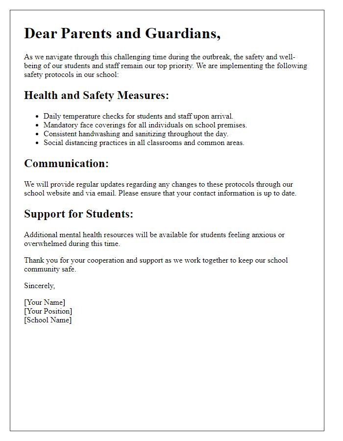 Letter template of safety protocols for schools during an outbreak