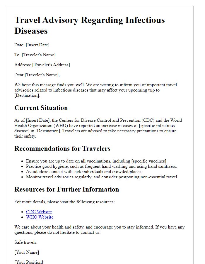 Letter template of travel advisories related to infectious diseases