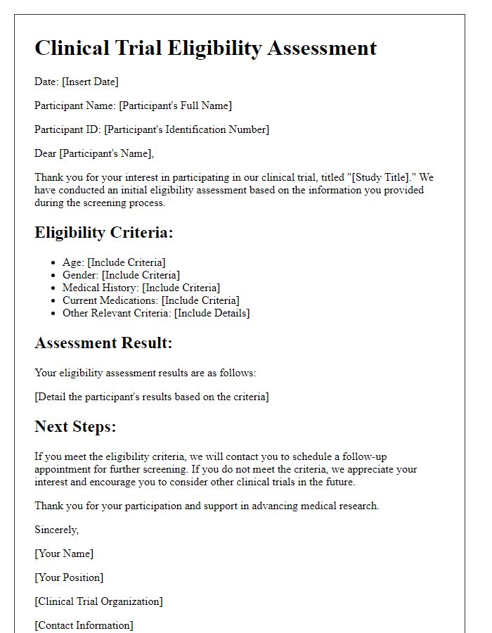 Letter template of clinical trial eligibility assessment