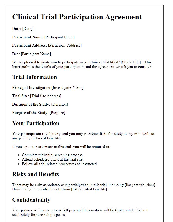 Letter template of clinical trial participation agreement