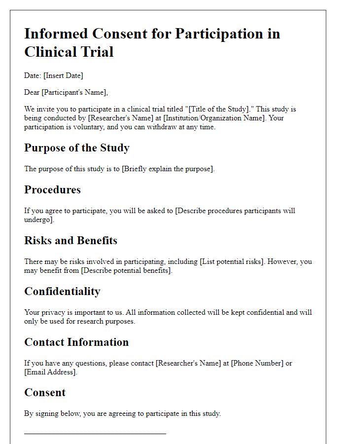 Letter template of informed consent for clinical trial participation