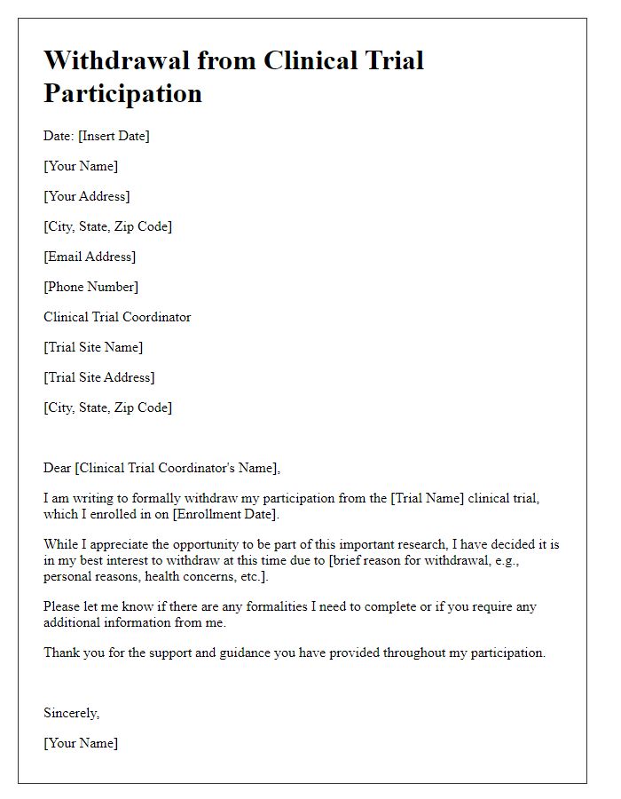 Letter template of withdrawal from clinical trial participation