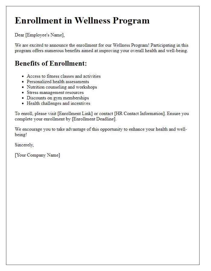 Letter template of wellness program enrollment benefits