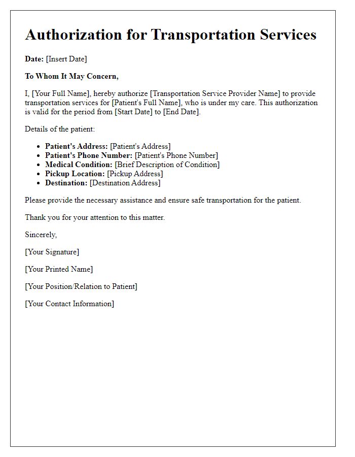 Letter template of authorization for transportation services for patients